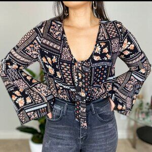 Floral Sheer Quilted Bell Sleeve Bodysuit